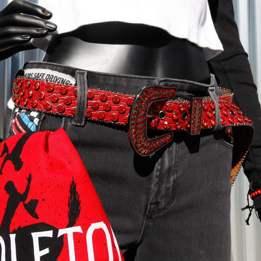 G.G. Simon Red Rhinestone Faux-Snakeskin Punk Buckle Belt