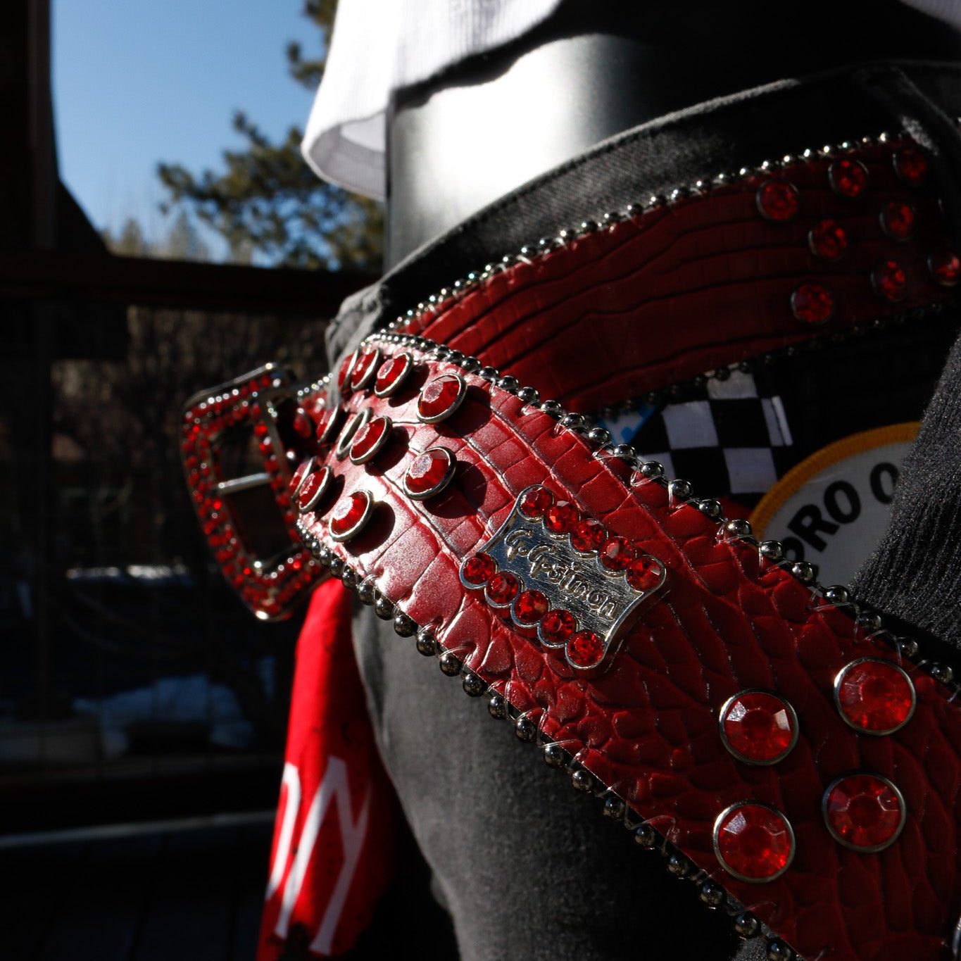 G.G. Simon Red Rhinestone Faux-Snakeskin Punk Buckle Belt