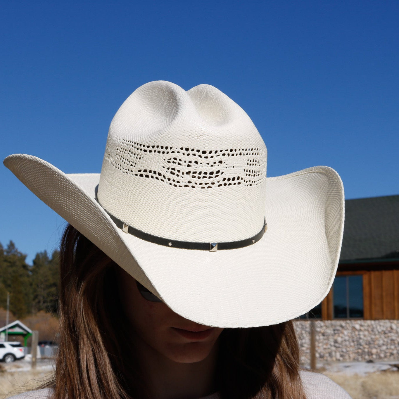 stallion stetson white straw cowboy hat small western hat ventilated crown black band