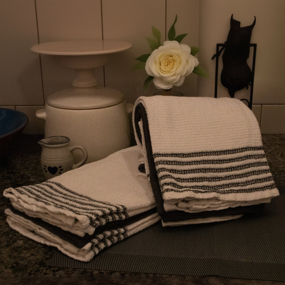 AVA Vintage White with Black Stripes Set of 3 Kitchen Towels
