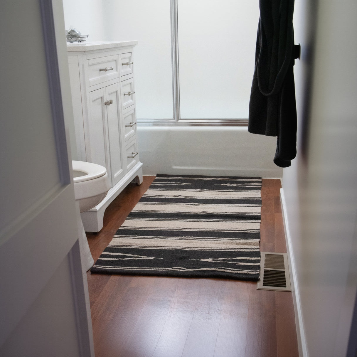 Modern Black and Tan Colored Striped Wool Rug