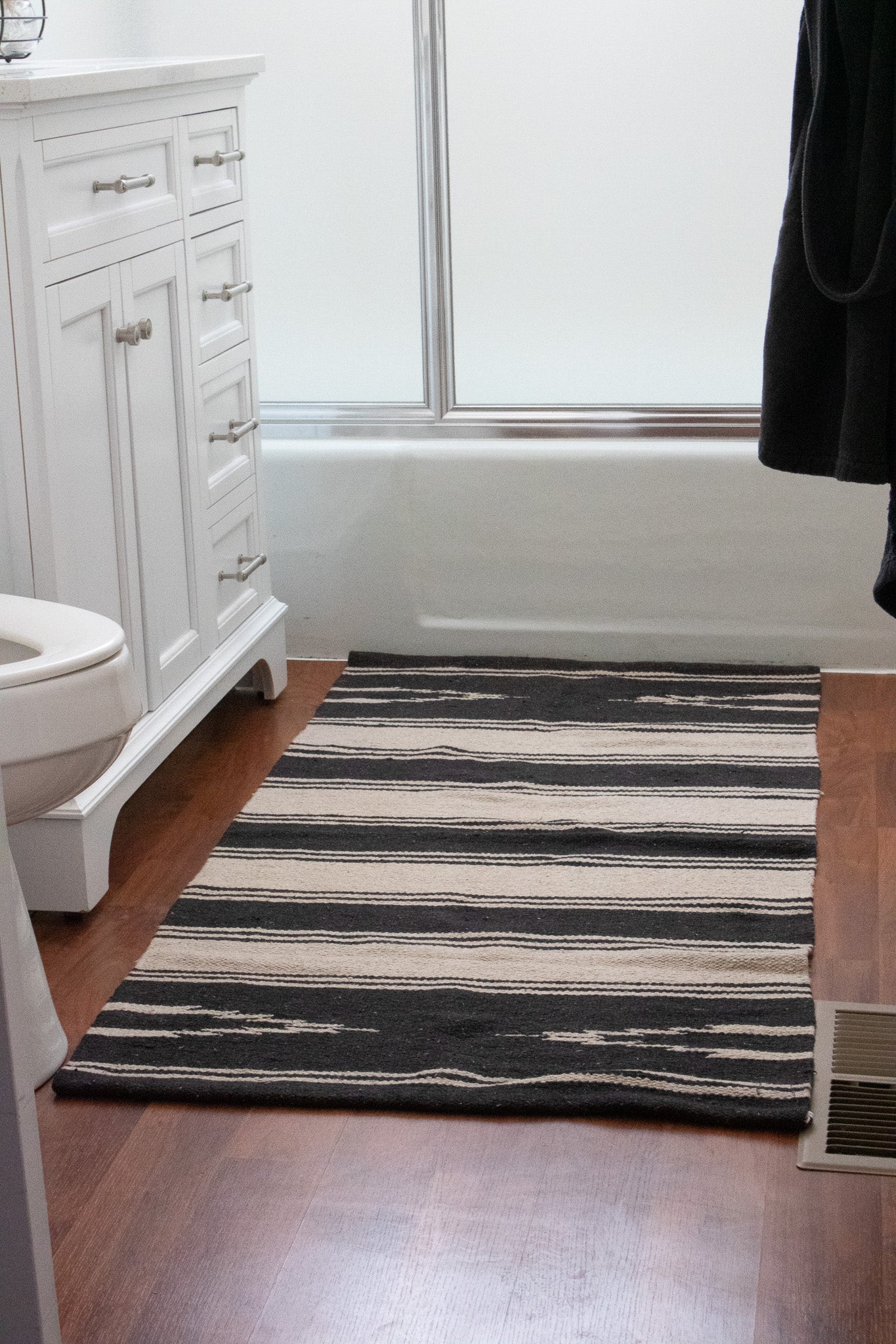 Modern Black and Tan Colored Striped Wool Rug