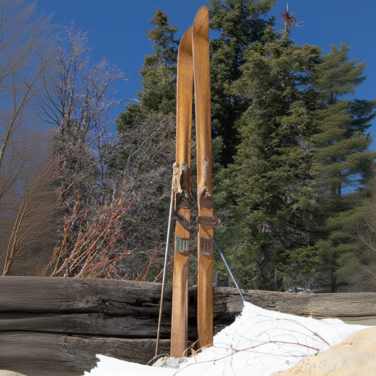 Vintage 19th Century Solid Hardwood Wooden Skis with Metal Plate Binding