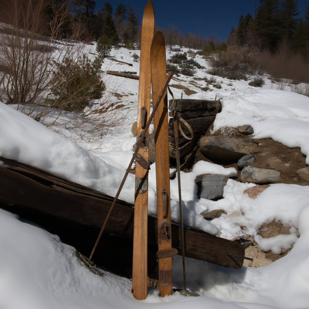 Vintage 19th Century Solid Hardwood Wooden Skis with Metal Plate Binding