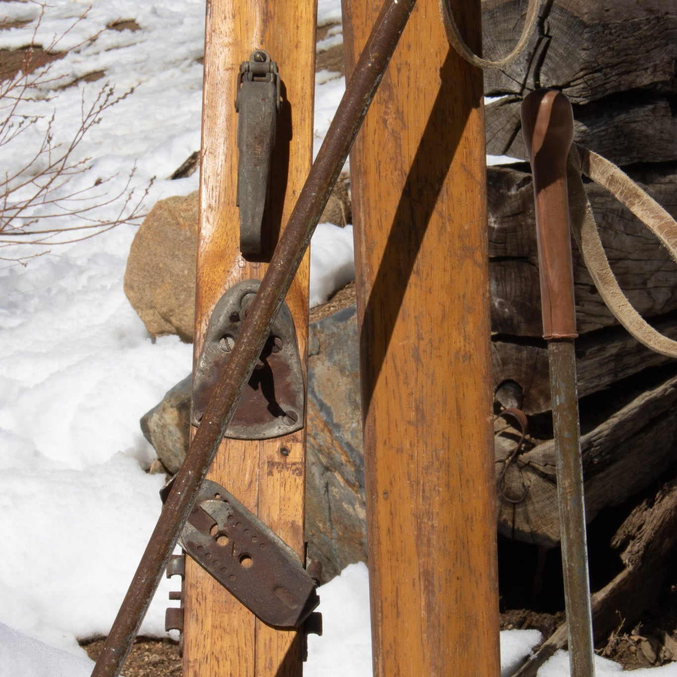 Vintage 19th Century Solid Hardwood Wooden Skis with Metal Plate Binding