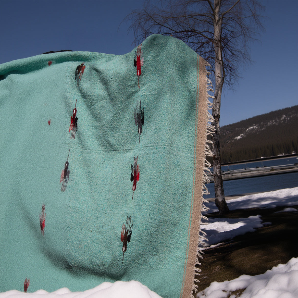 Vintage Southwestern Native American Turquoise Colored Thunderbird  Blanket 8x6 ft
