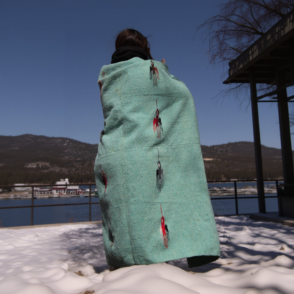Vintage Southwestern Native American Turquoise Colored Thunderbird  Blanket 8x6 ft