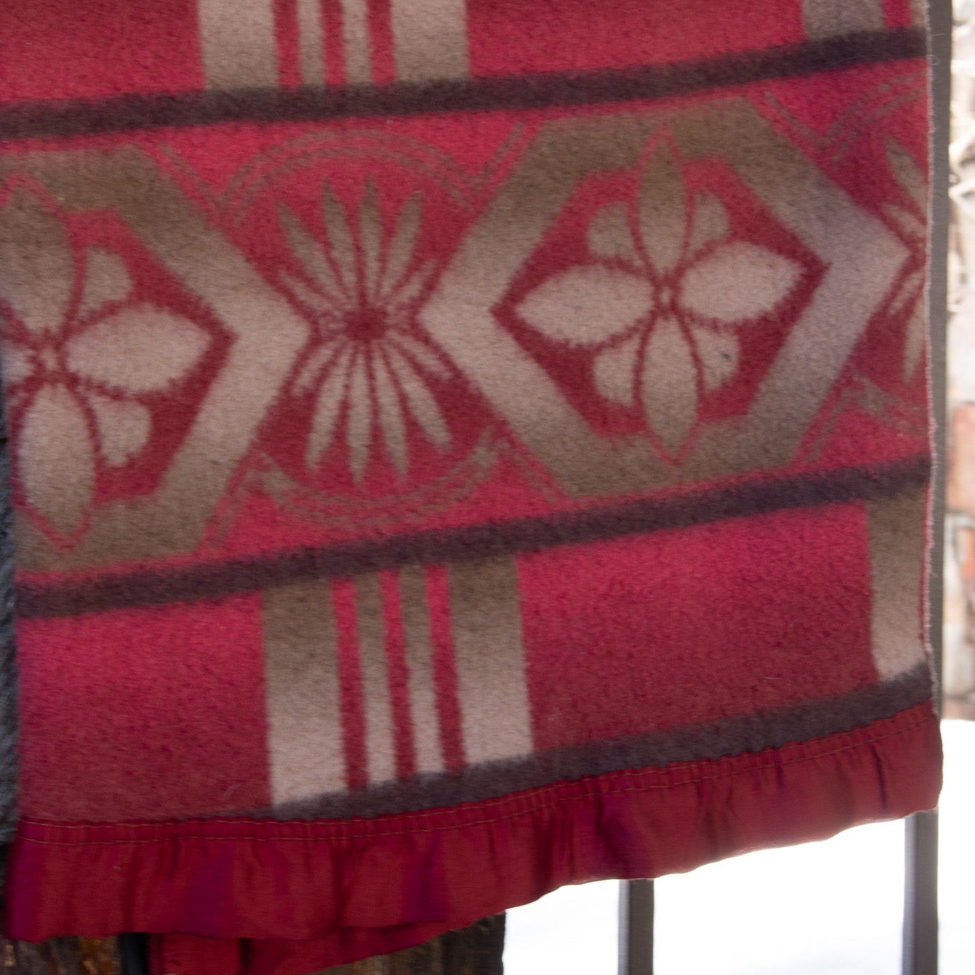 Vintage Red Tan Brown Blanket 6ft Red Ribbon Trimmed