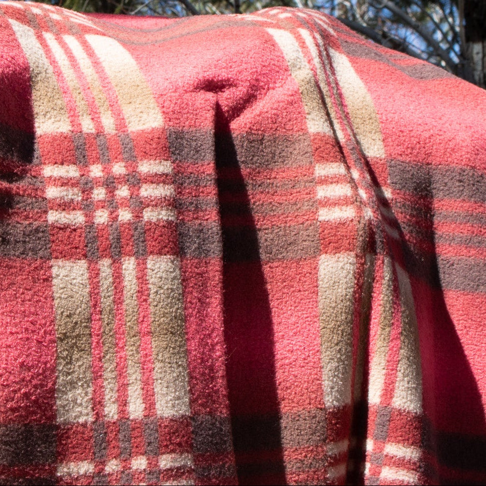Vintage Red Tan Brown Blanket 6ft Red Ribbon Trimmed