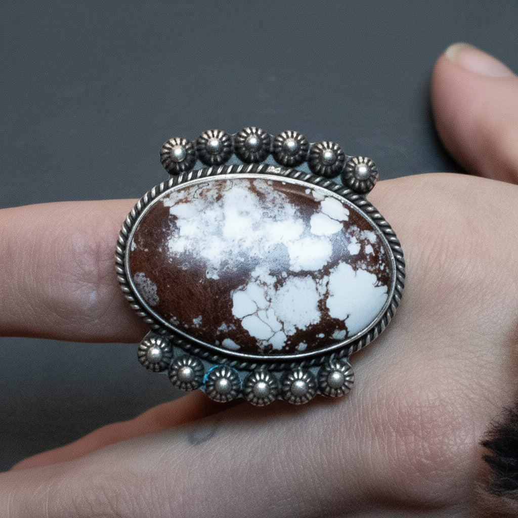 Large Natural Nevada White Horse Jasper and Silver Ring Size 7