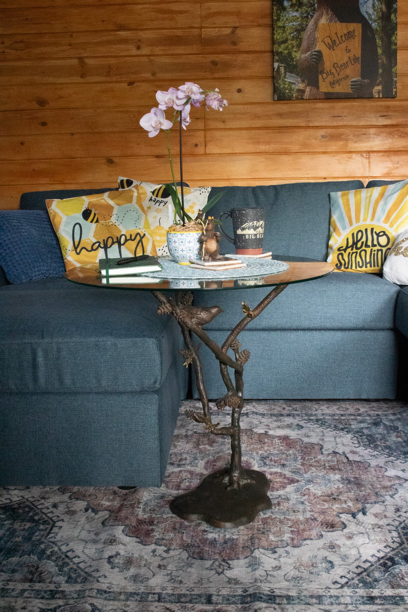 Beautiful Glass Tabletop and Aluminum Frame Tree of Life End Table