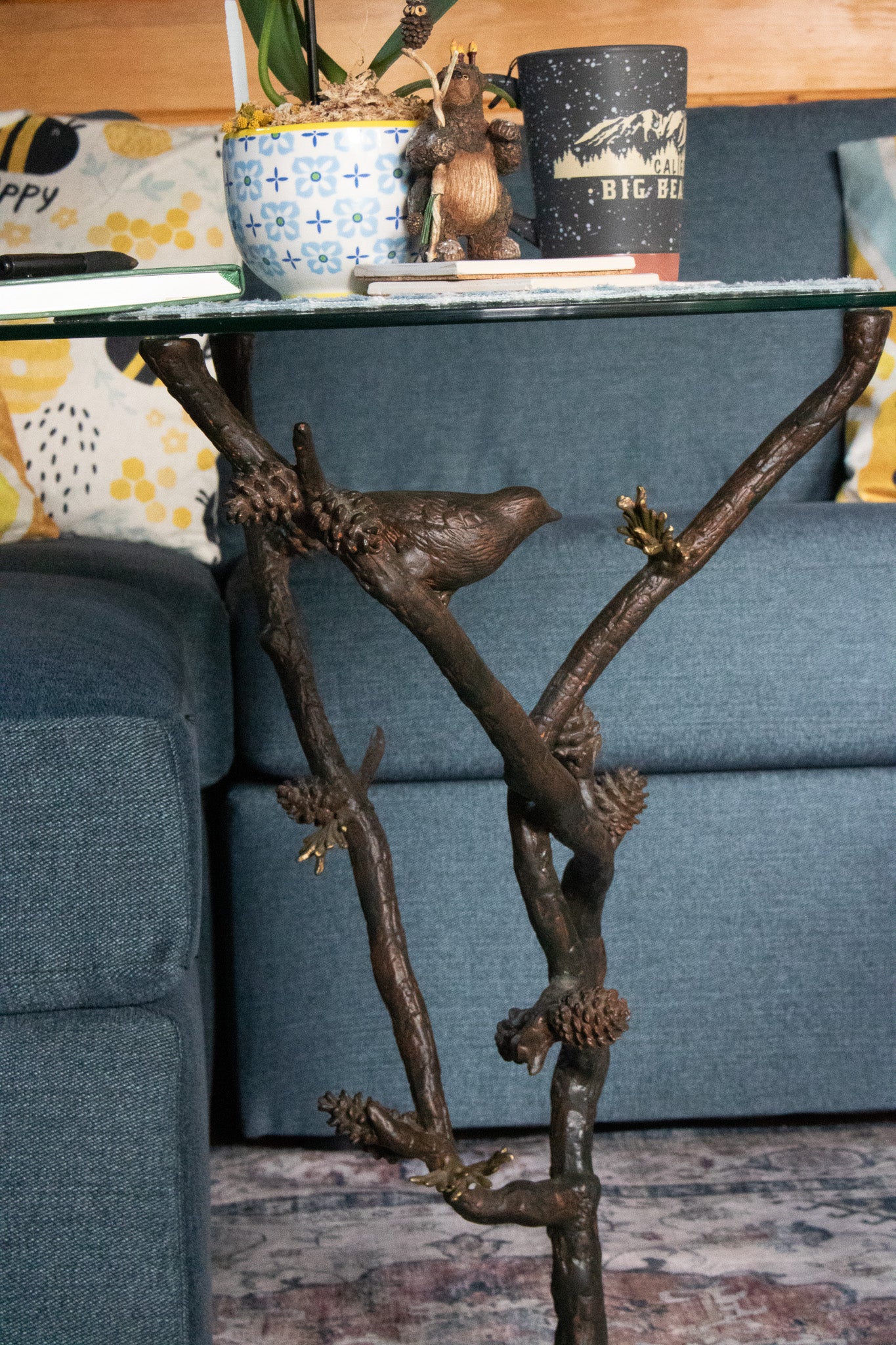 Beautiful Glass Tabletop and Aluminum Frame Tree of Life End Table