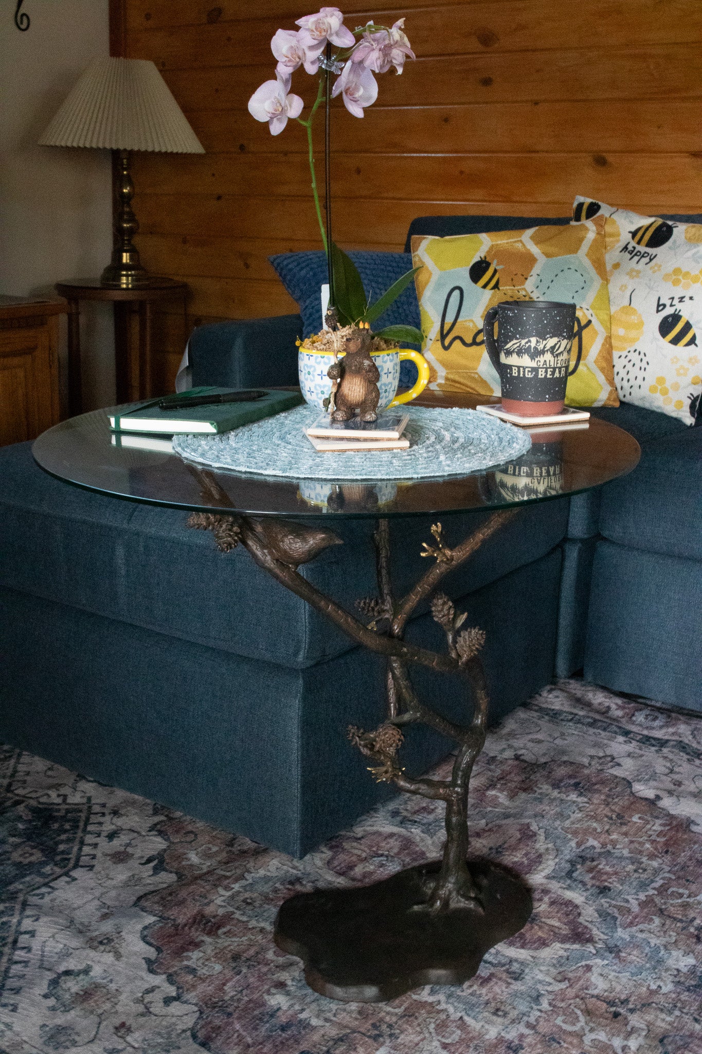 Beautiful Glass Tabletop and Aluminum Frame Tree of Life End Table