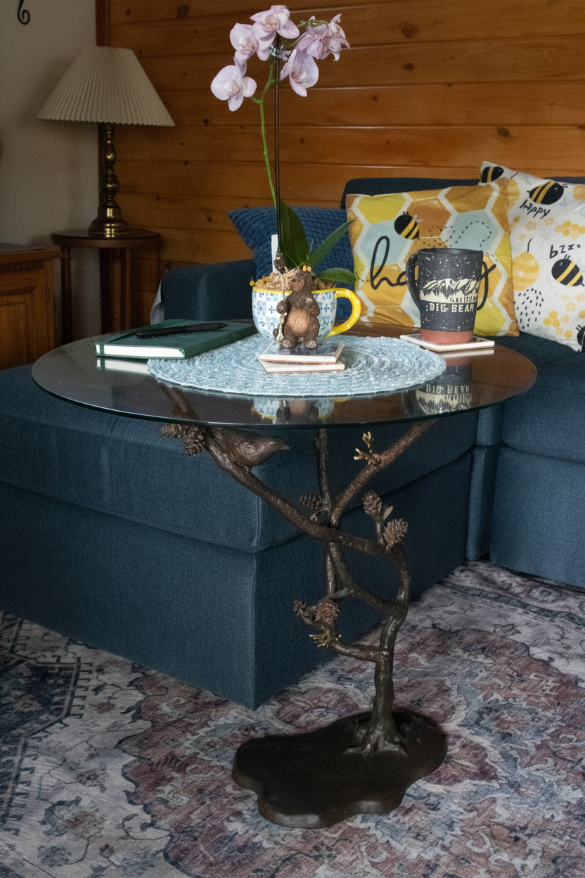 Beautiful Glass Tabletop and Aluminum Frame Tree of Life End Table