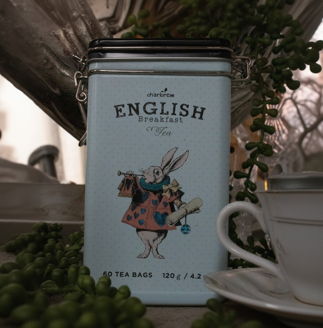 Charbrew English Breakfast Tea 60 Bags with Decorative Collectors Alice in Wonderland March Hare 4.2oz Tin