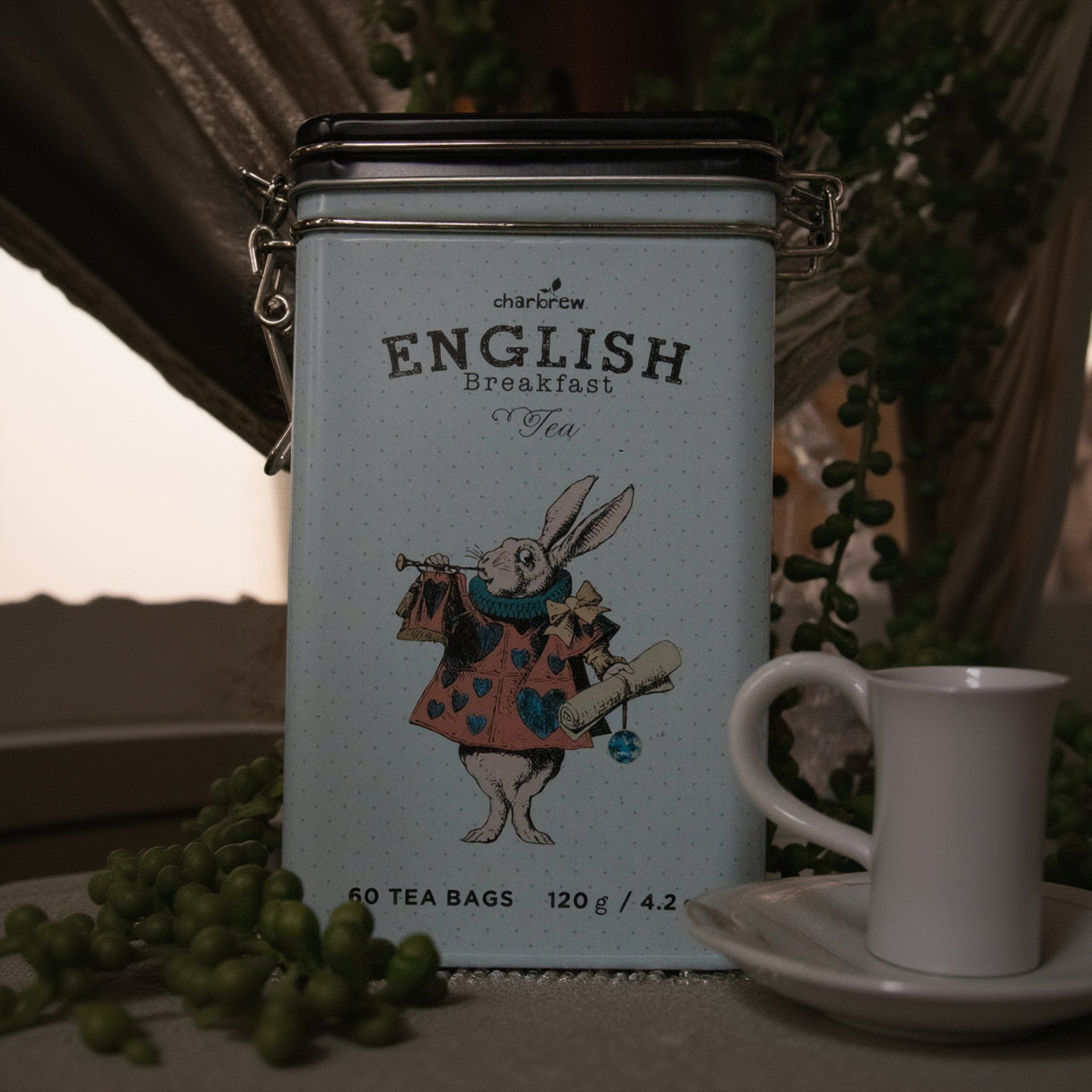Charbrew English Breakfast Tea 60 Bags with Decorative Collectors Alice in Wonderland March Hare 4.2oz Tin