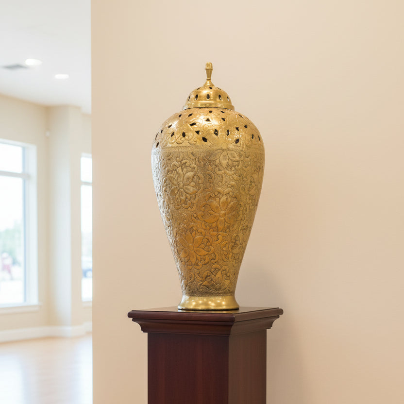Elegant Golden Vase with Decorative Floral Design Handcrafted in India