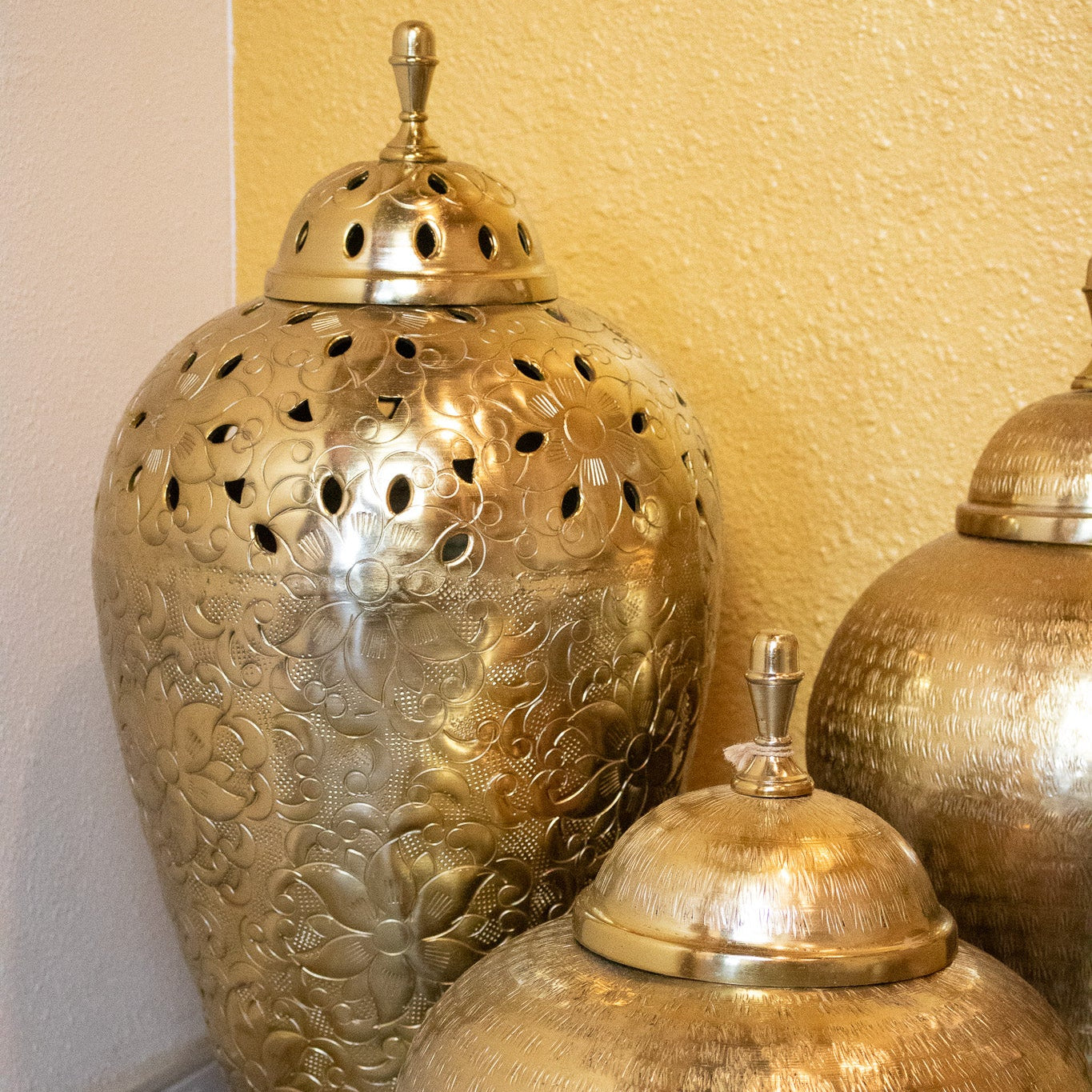 Elegant Golden Vase with Decorative Floral Design Handcrafted in India
