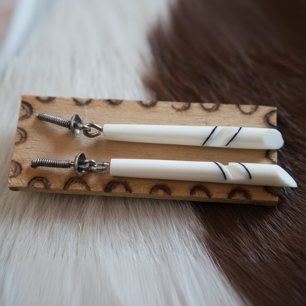 Vintage Ivory Detailed American Indian Inspired Earrings with Wooden Stand