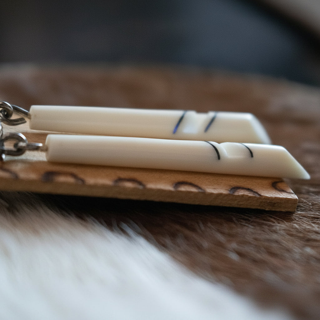 Vintage Ivory Detailed American Indian Inspired Earrings with Wooden Stand
