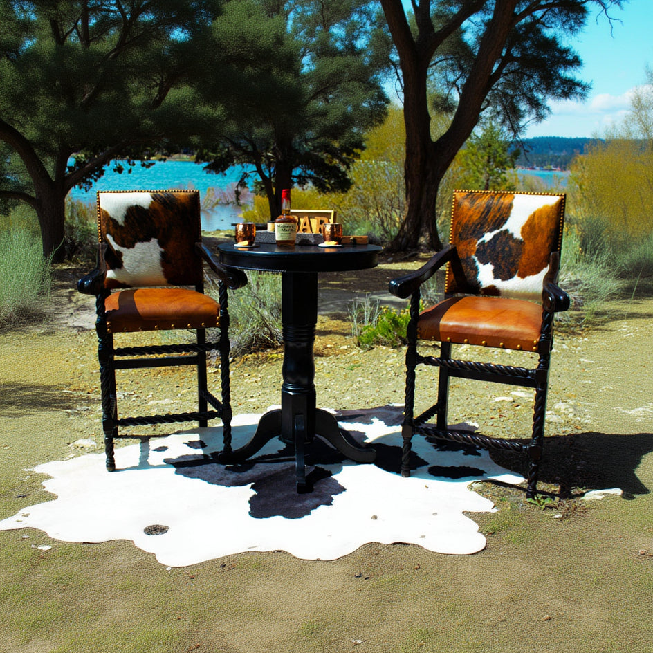 rustic black round pub height pedestal table with carved base and 30 inch round top farmhouse lodge furniture decor