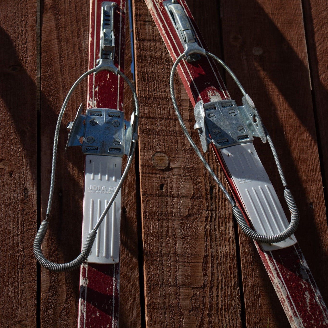 Red Wooden Antique Ski with Jofa Click-In Metal Bindings