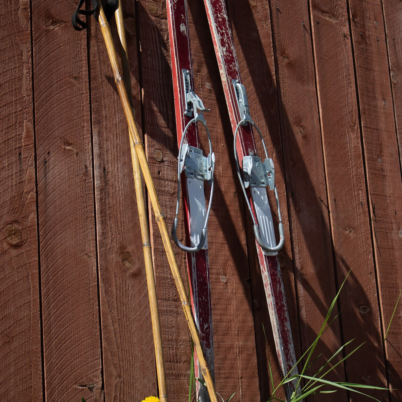 Red Wooden Antique Ski with Jofa Click-In Metal Bindings