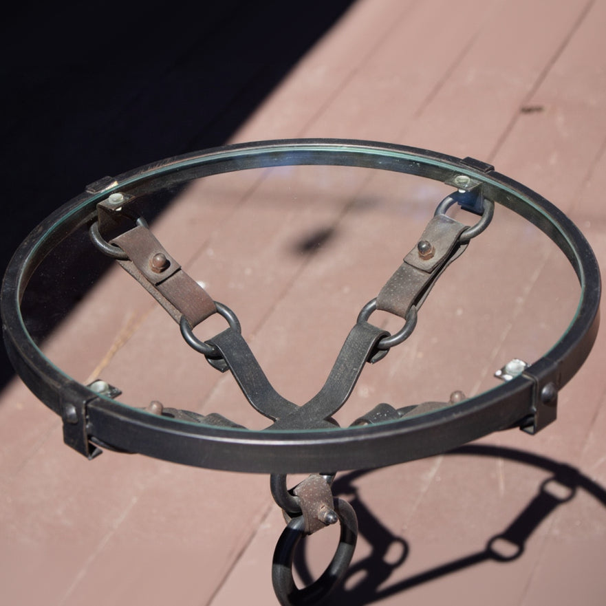 Vintage Custom Made Round Wrought Iron Metal Glass End Table