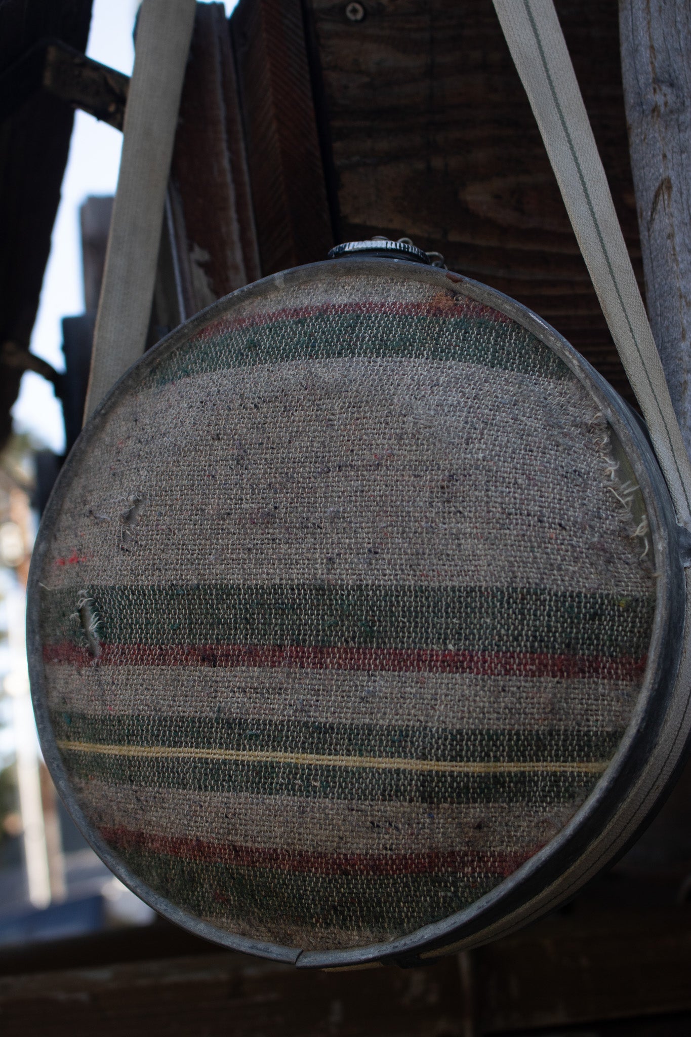 Antique Water Cantina With Original Strap and Wool Southwestern Pattern