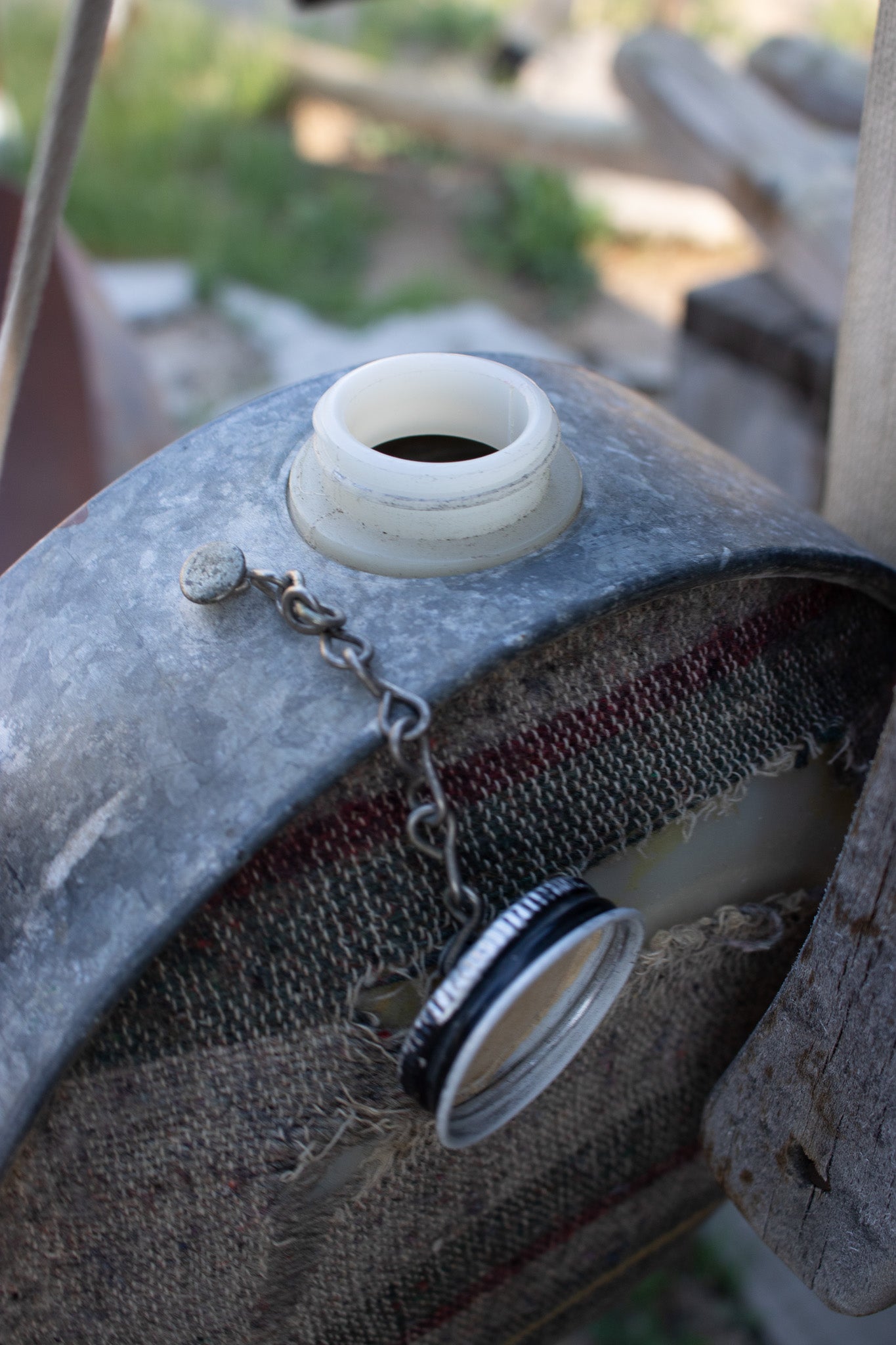 Antique Water Cantina With Original Strap and Wool Southwestern Pattern