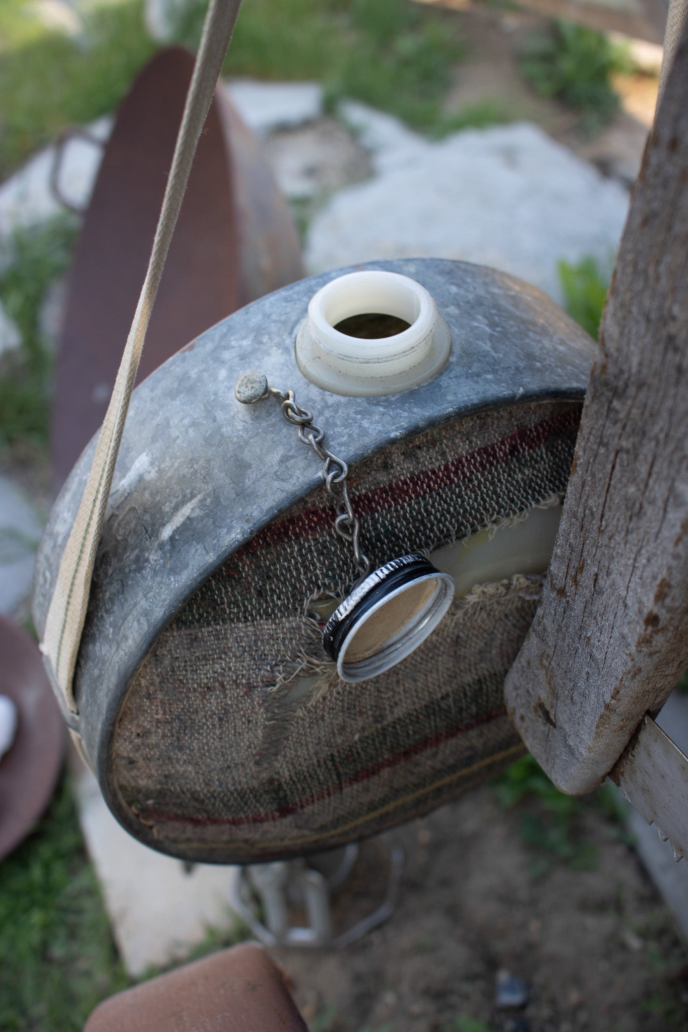Antique Water Cantina With Original Strap and Wool Southwestern Pattern