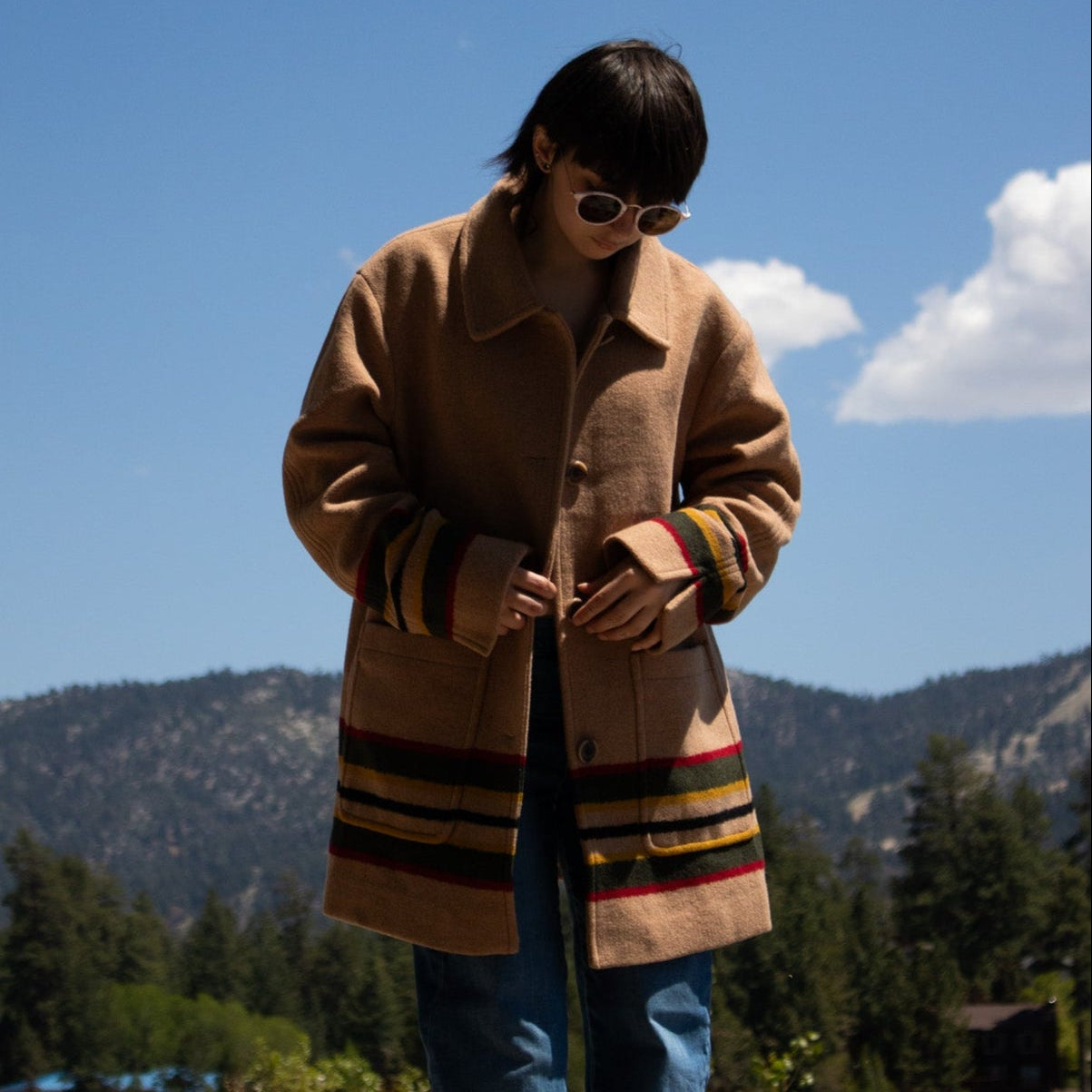 Pendleton Women's Wool Camel Striped Topper Coat Size Large