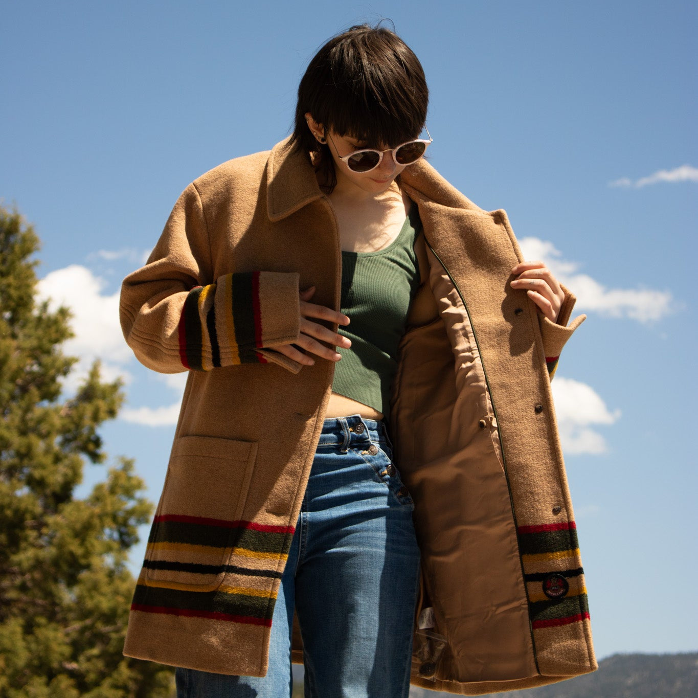 Pendleton Women's Wool Camel Striped Topper Coat Size Large
