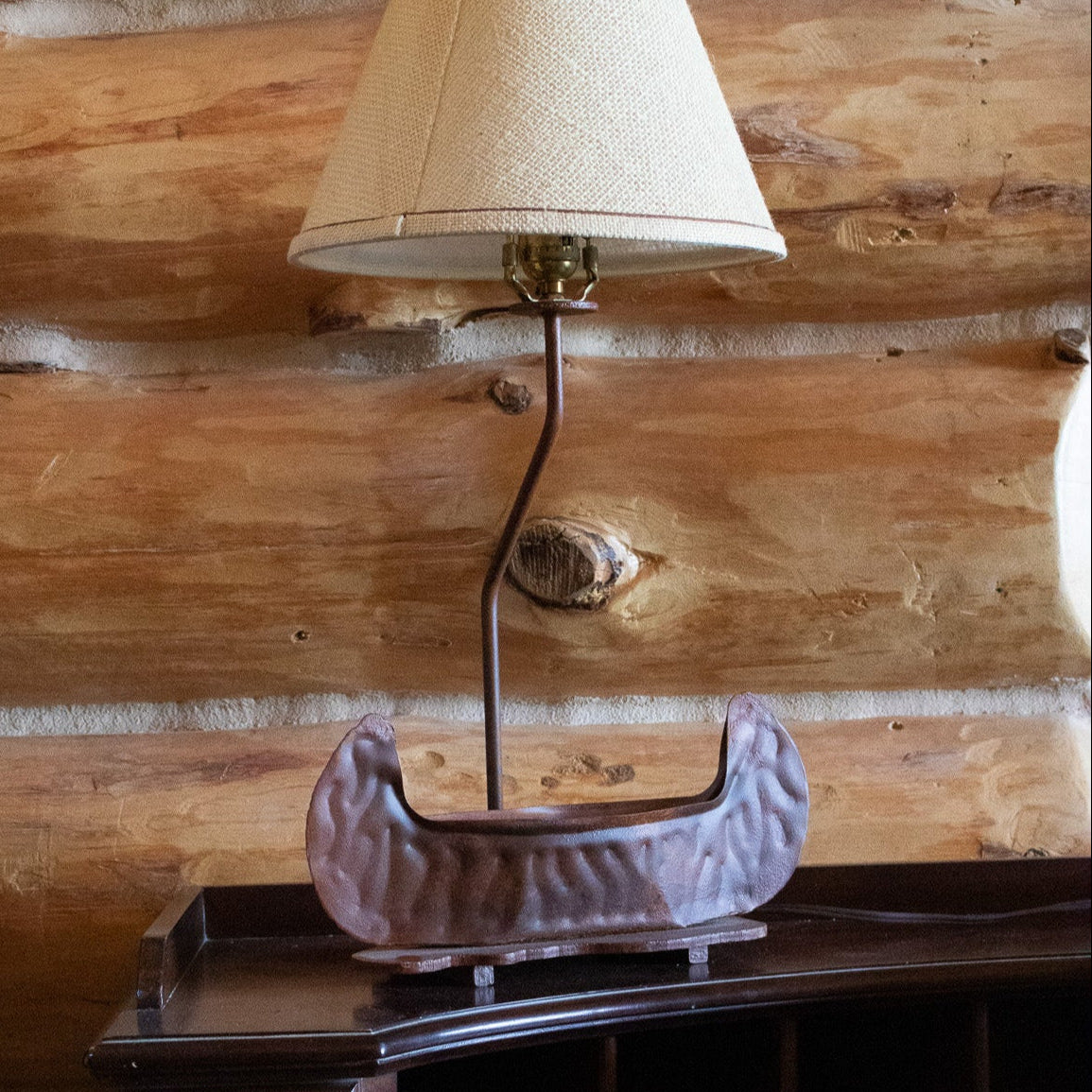 Rustic Metal Canoe Lamp with Tan Colored Shade