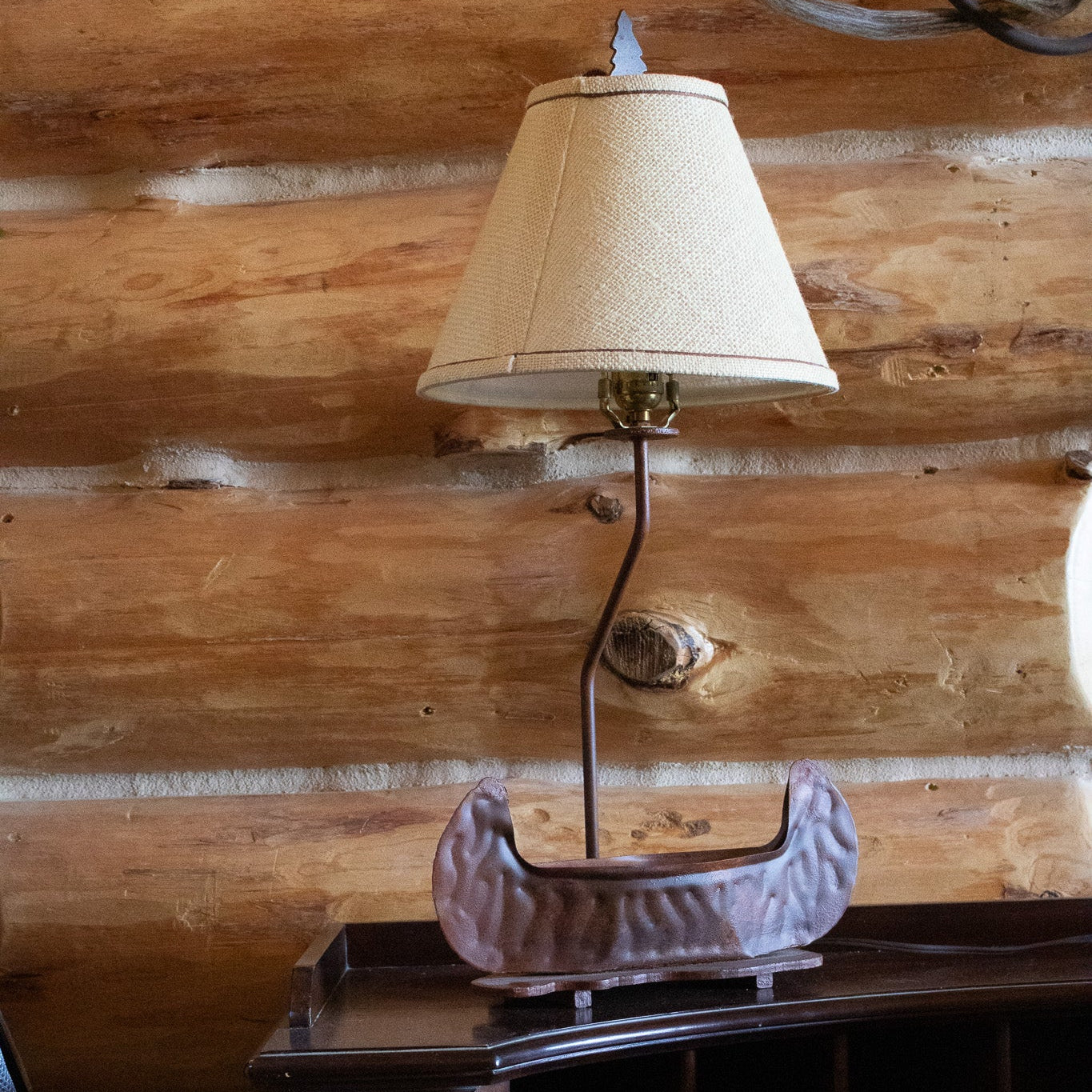 Rustic Metal Canoe Lamp with Tan Colored Shade