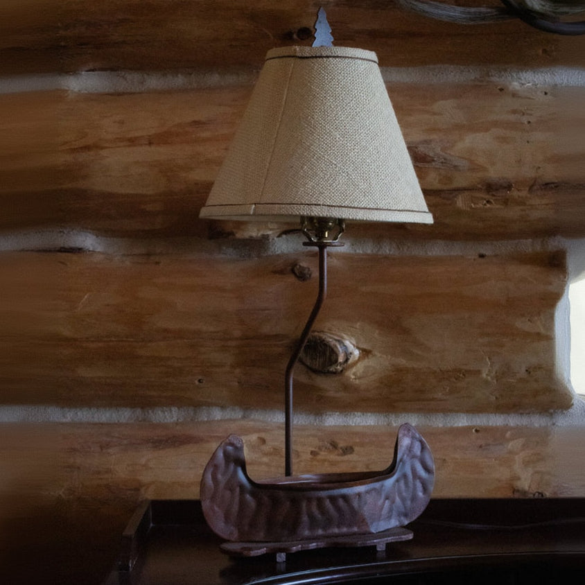 Rustic Metal Canoe Lamp with Tan Colored Shade