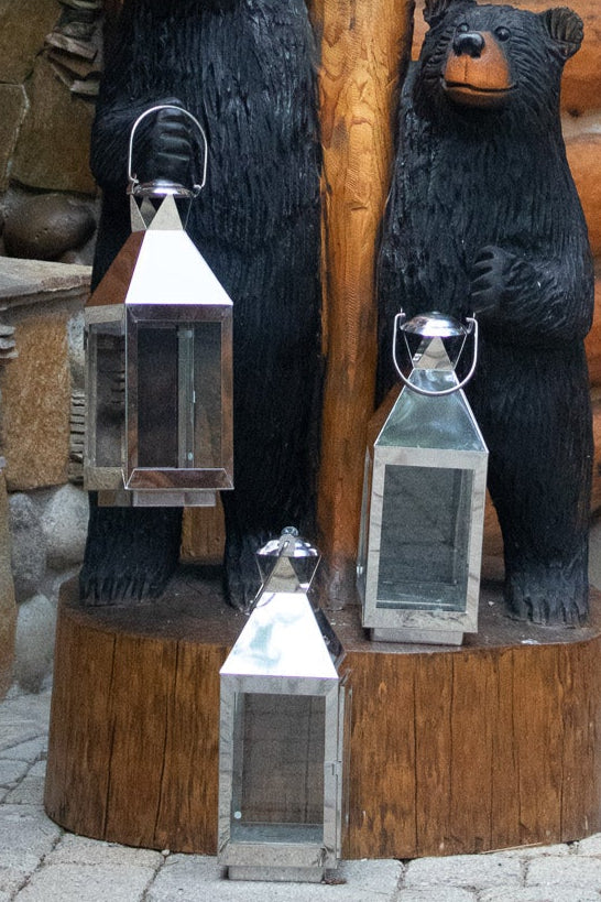 Silver Metal Glass Candle Holder Lantern Set of 3
