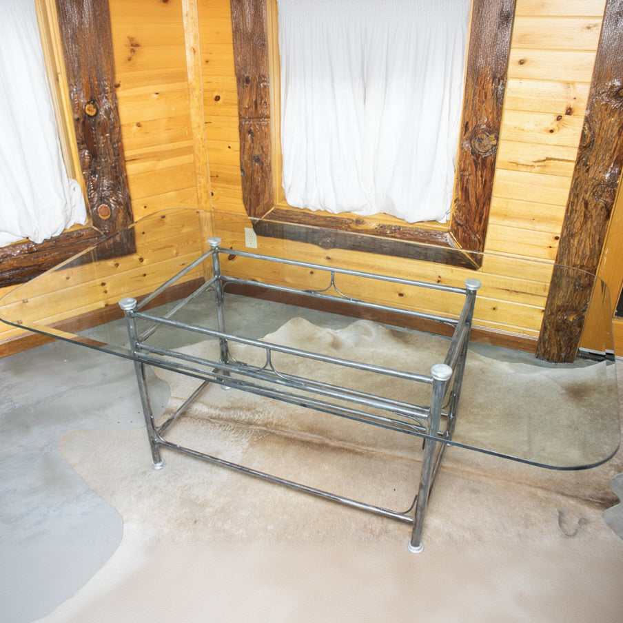 Vintage Raw Metal Table with Glass Tabletop and Six Chairs with Cowhide Cushions (From the Kreiss Collection) Restyled 90s Piece