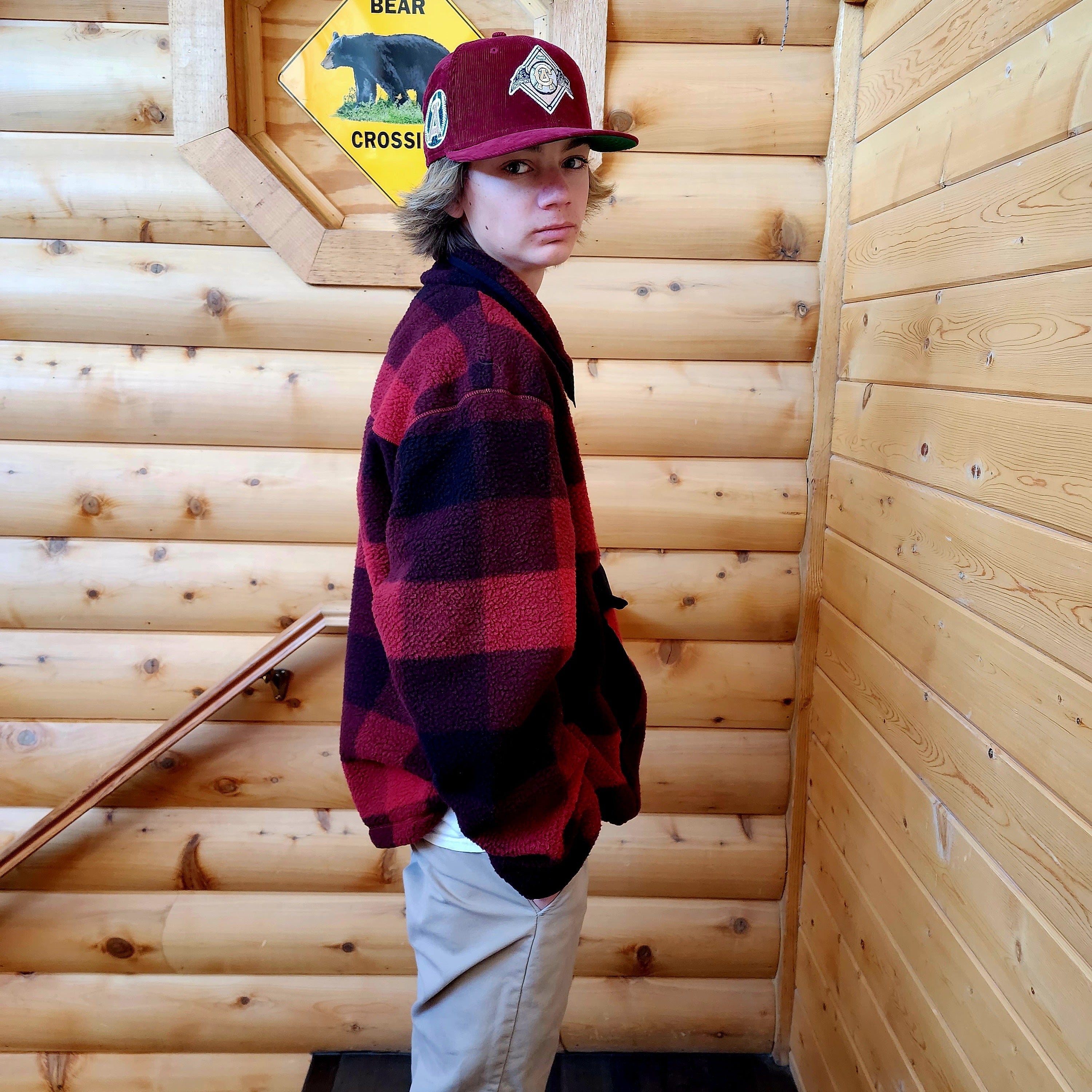 Carhartt Fleece Pullover Relaxed Fit Buffalo Plaid Oxblood Size XL