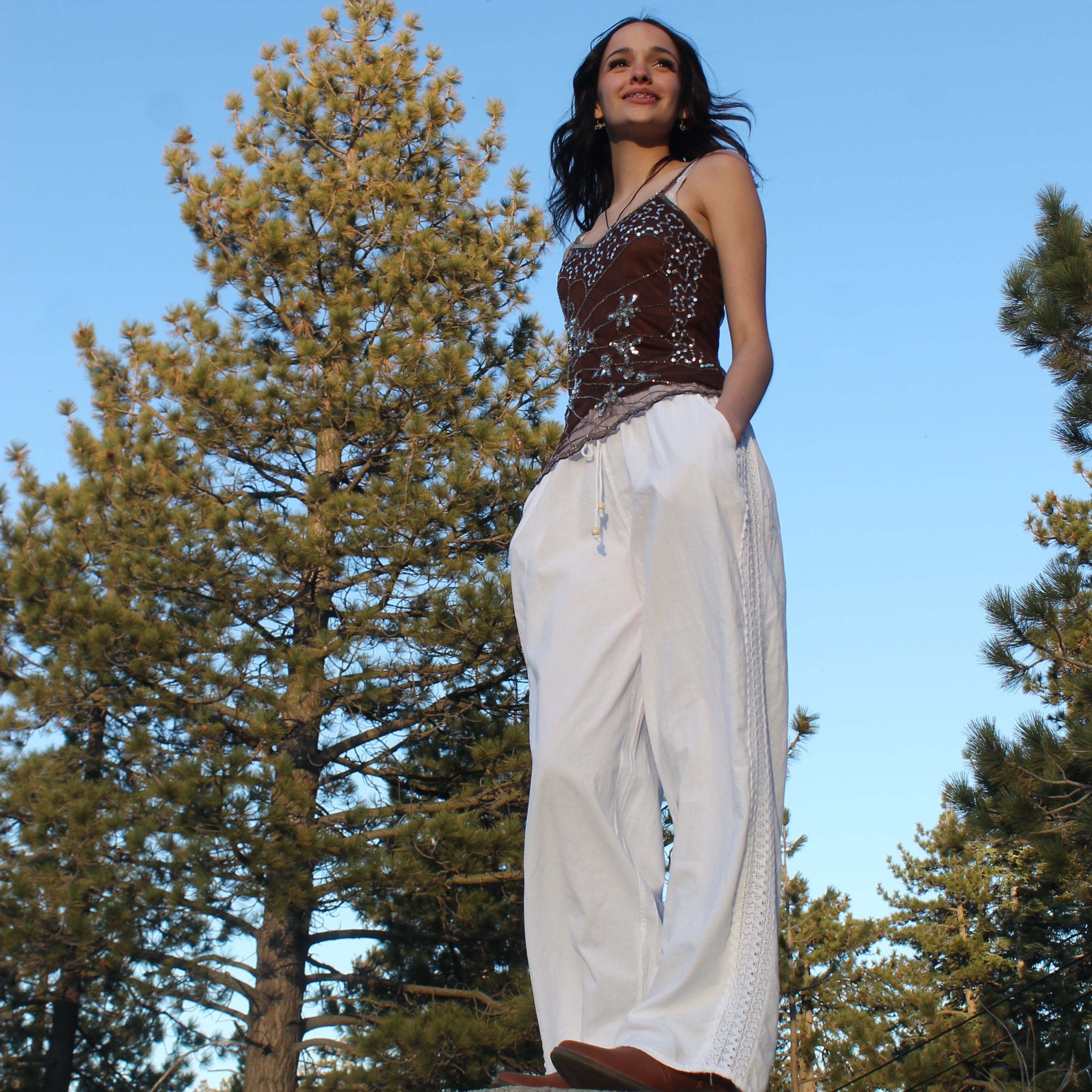 Seaspice Resort Wear 100% Peruvian White Cotton Flowy Pants Adjustable Waist Size Large