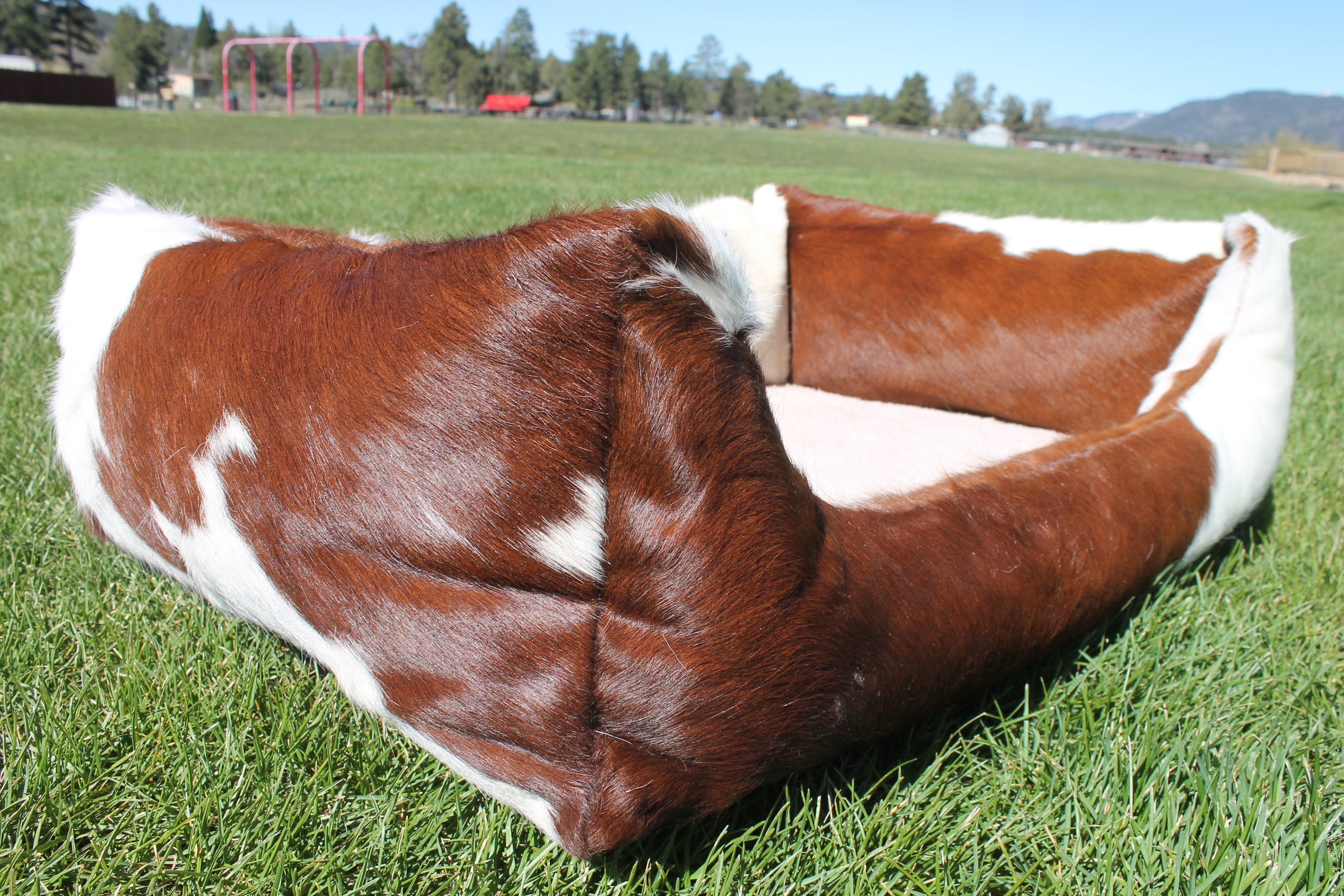 Brown and White Luxury Cowhide Pet Bed, Removable Washable Cushion