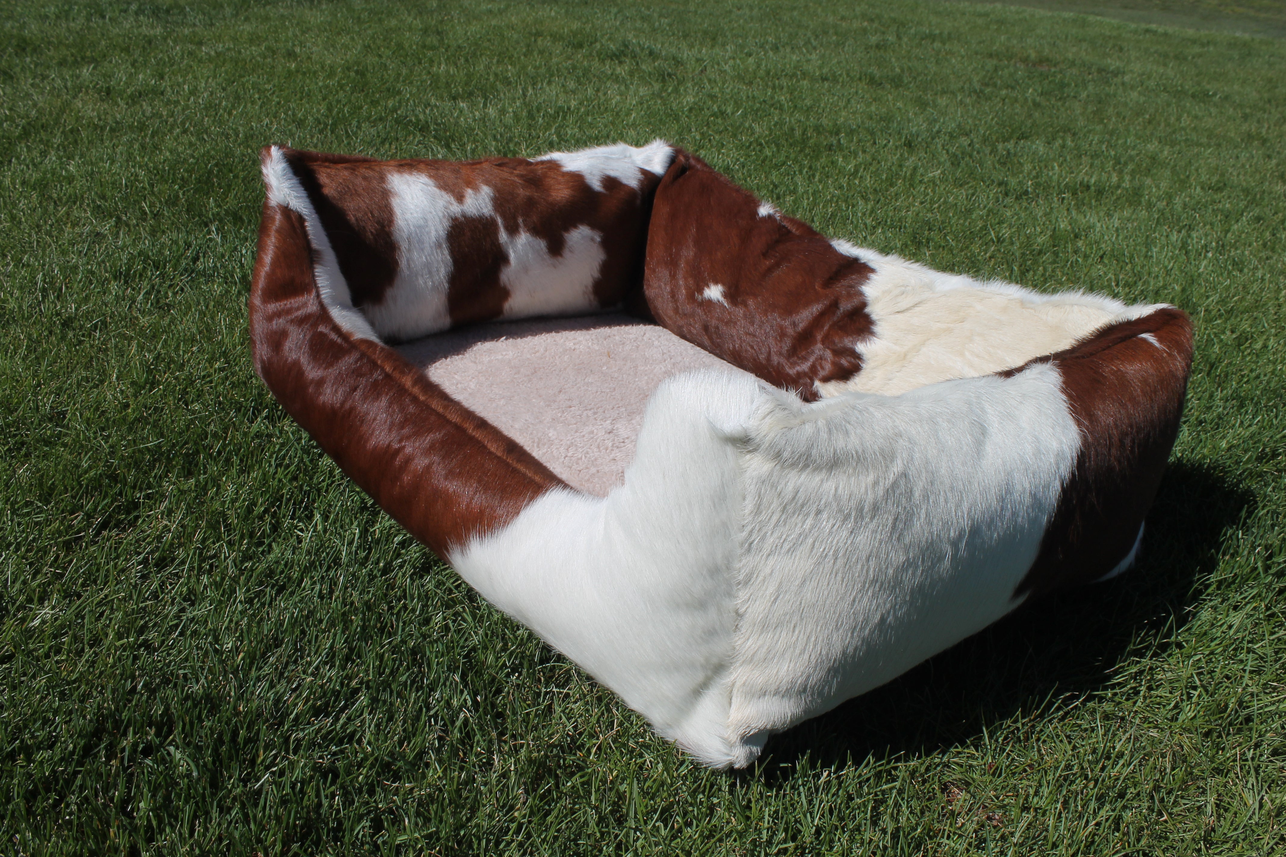 Brown and White Luxury Cowhide Pet Bed, Removable Washable Cushion