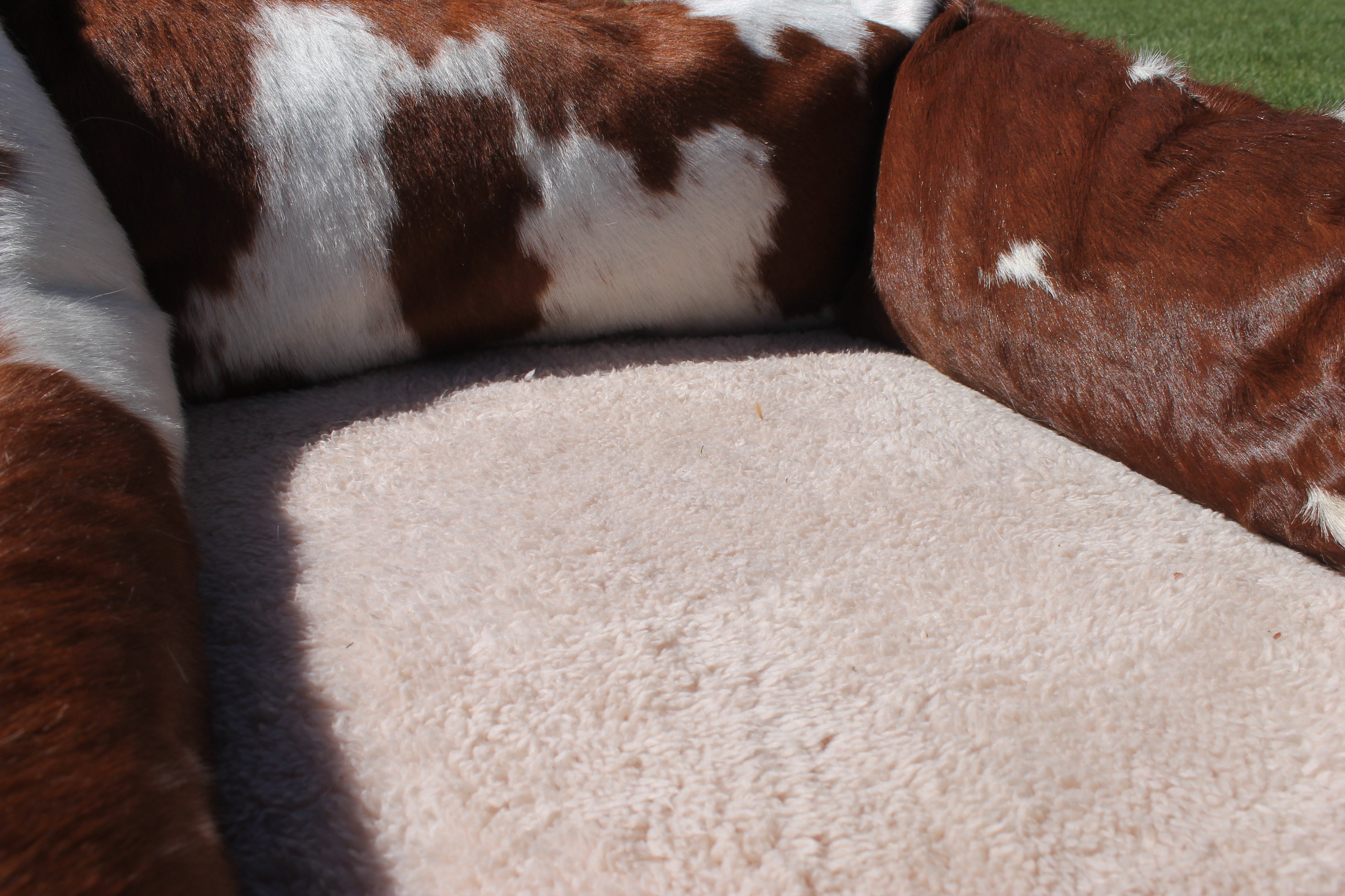 Brown and White Luxury Cowhide Pet Bed, Removable Washable Cushion