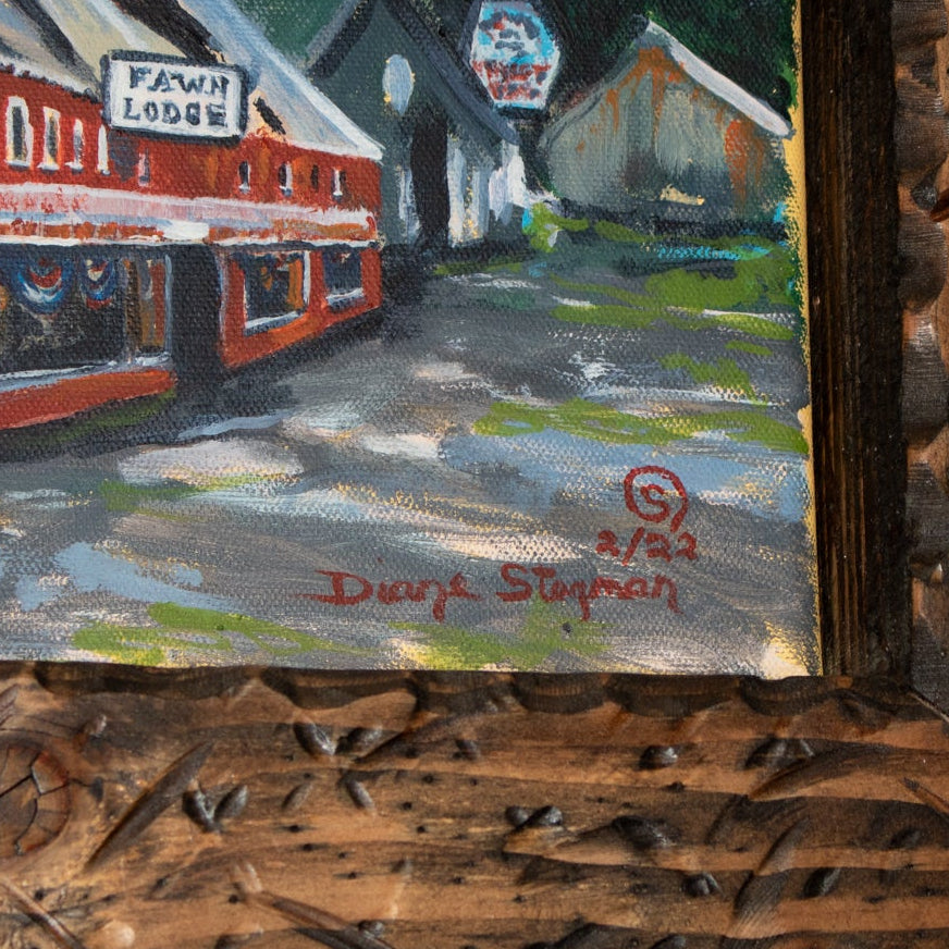 Original Diane Stegman Painting of Fawn Lodge – Custom Solid Wood Framed Big Bear Historical Artwork