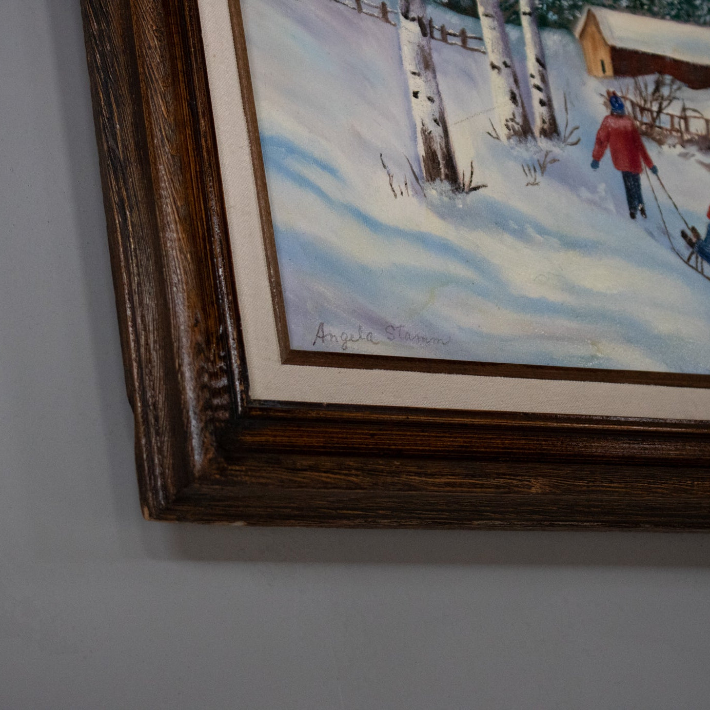 Signed Winter Cabin Landscape Framed Artwork by Angela S 21x25 Rustic Wall Art