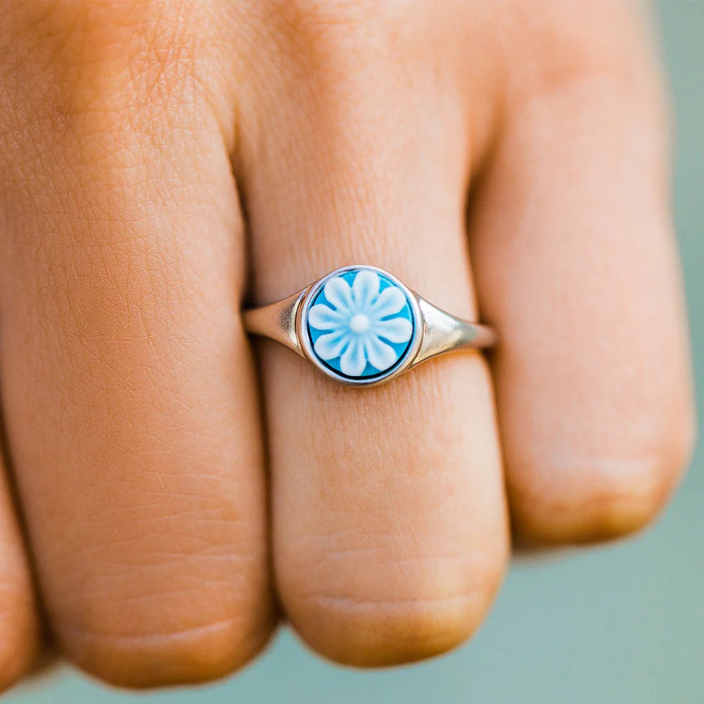 Pura Vida Blue Flower Cameo Ring