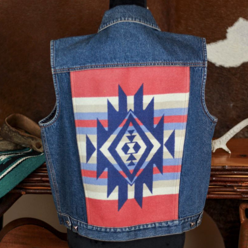 Pendleton Denim Jean Vest with with Native American Wool Accent Vintage