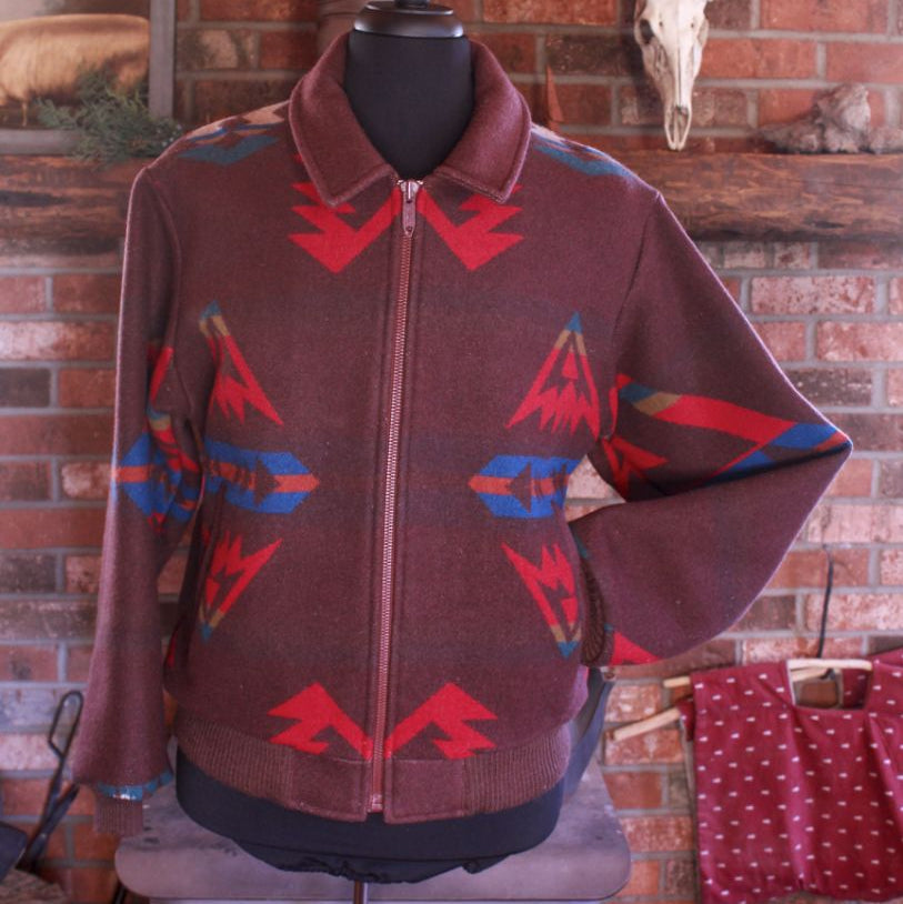 pendleton western wool jacket medium brown aztec made in usa zip coat