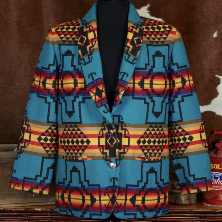 Pendleton Knockabouts Aztec Wool Jacket Medium Made in USA Turquoise Western Coat