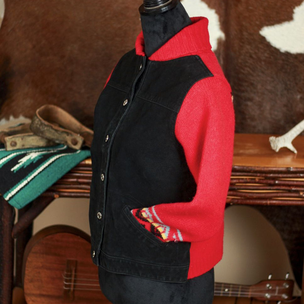 Pendleton Aztec Red Lambswool Knit & Black Suede Snap Front Jacket